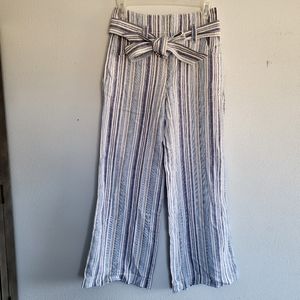 Gap 00 Wide Leg Linen Beach Pants Blue White Striped Belted
